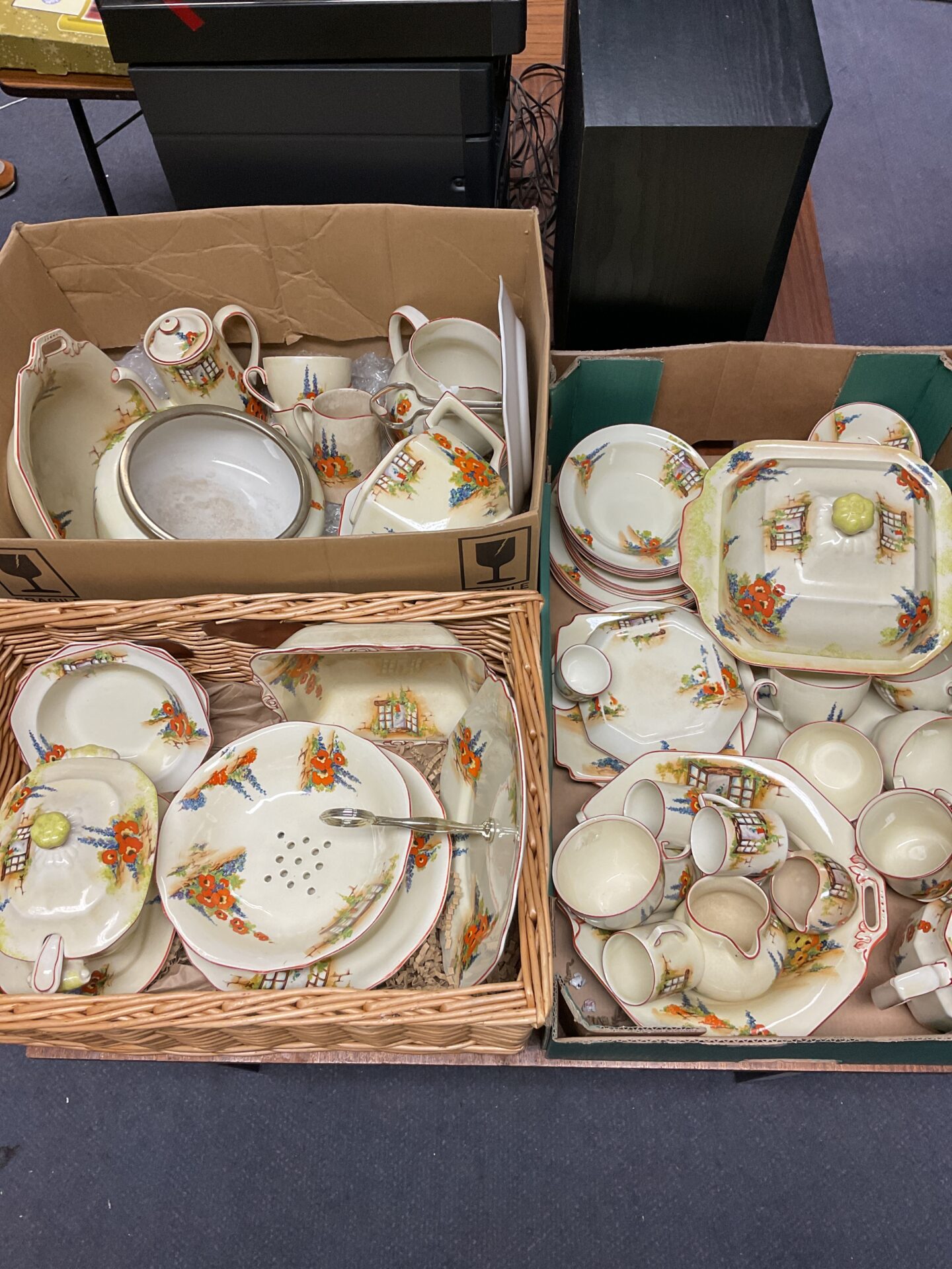 1210 Three boxes of leighton pottery old window cottage china