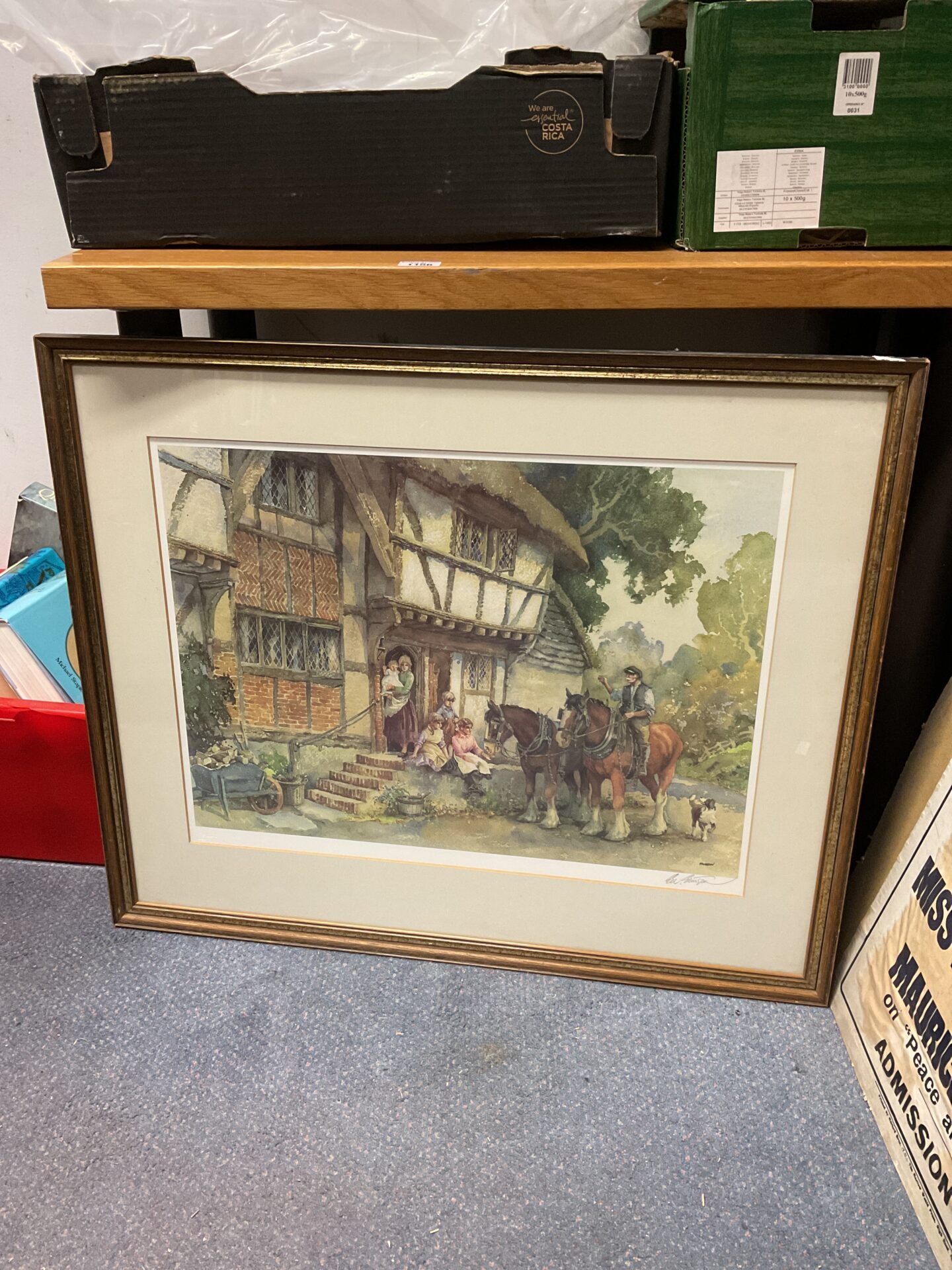 1176 Gil Sturgeon signed framed print of a county family with cottage & shire horses