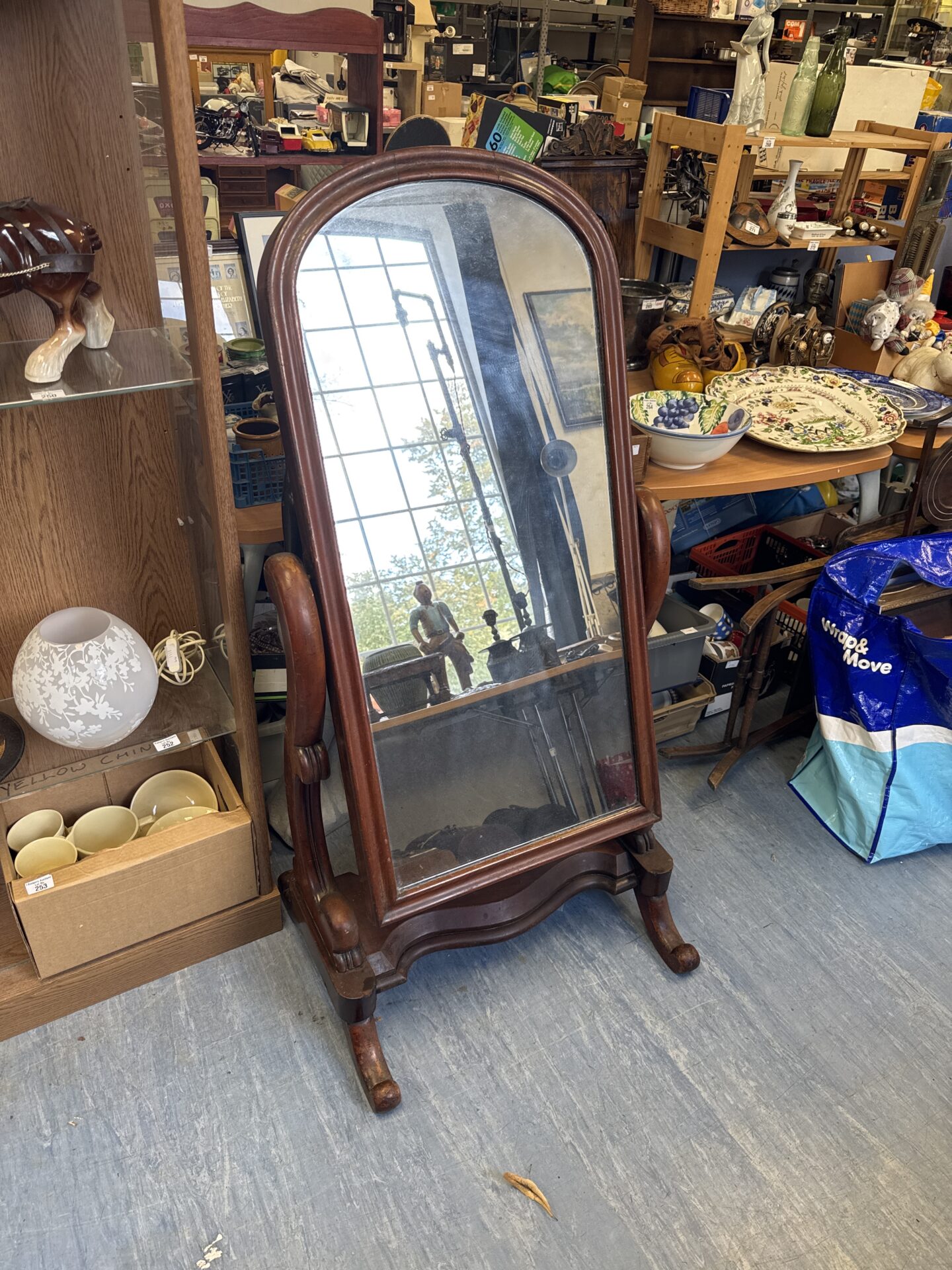 622 Large antique mahogany cheval floor standing mirror