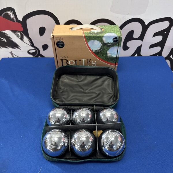 Metal boules set from Marks & Spencer for garden games.