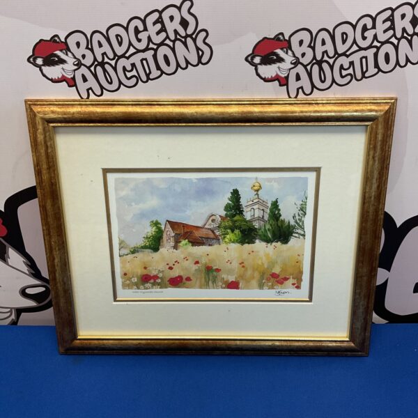 Framed M A Caron print of West Wycombe Church with golden ball.
