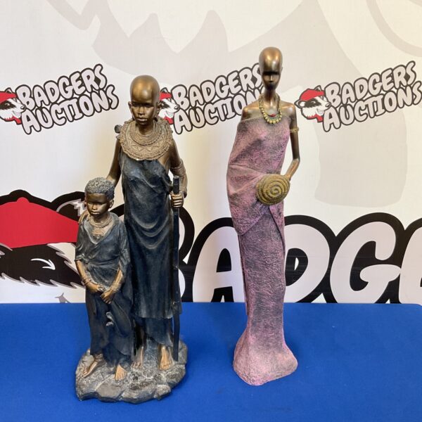 Pair of 17” resin Maasai warrior women statues for collectors.