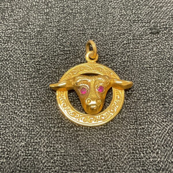 Vintage 9ct gold R A O B pendant with ruby eyes.