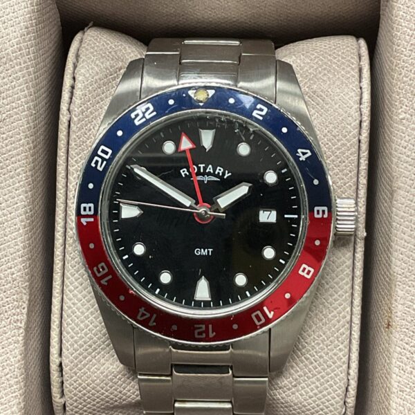 Stainless steel Rotary GMT quartz watch with black dial.