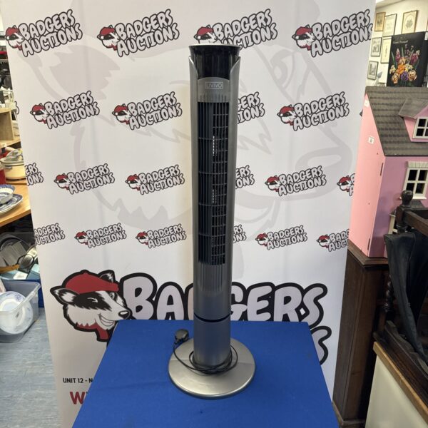 Silver Livivo tower fan for cooling a room.