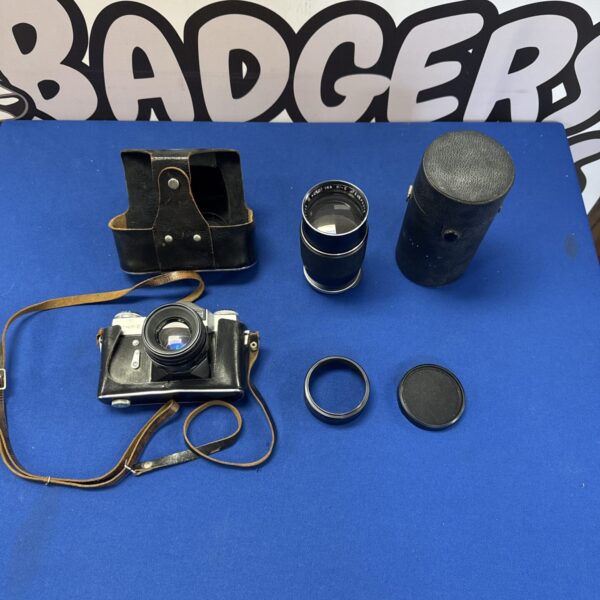 Vintage Zenit E camera with Japanese lens for film photography.