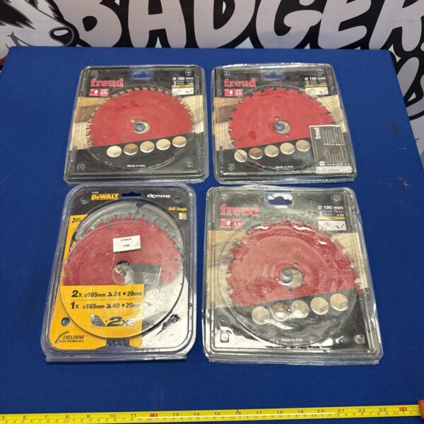 Selection of Dewalt and Freud circular saw blades for woodworking and DIY projects.