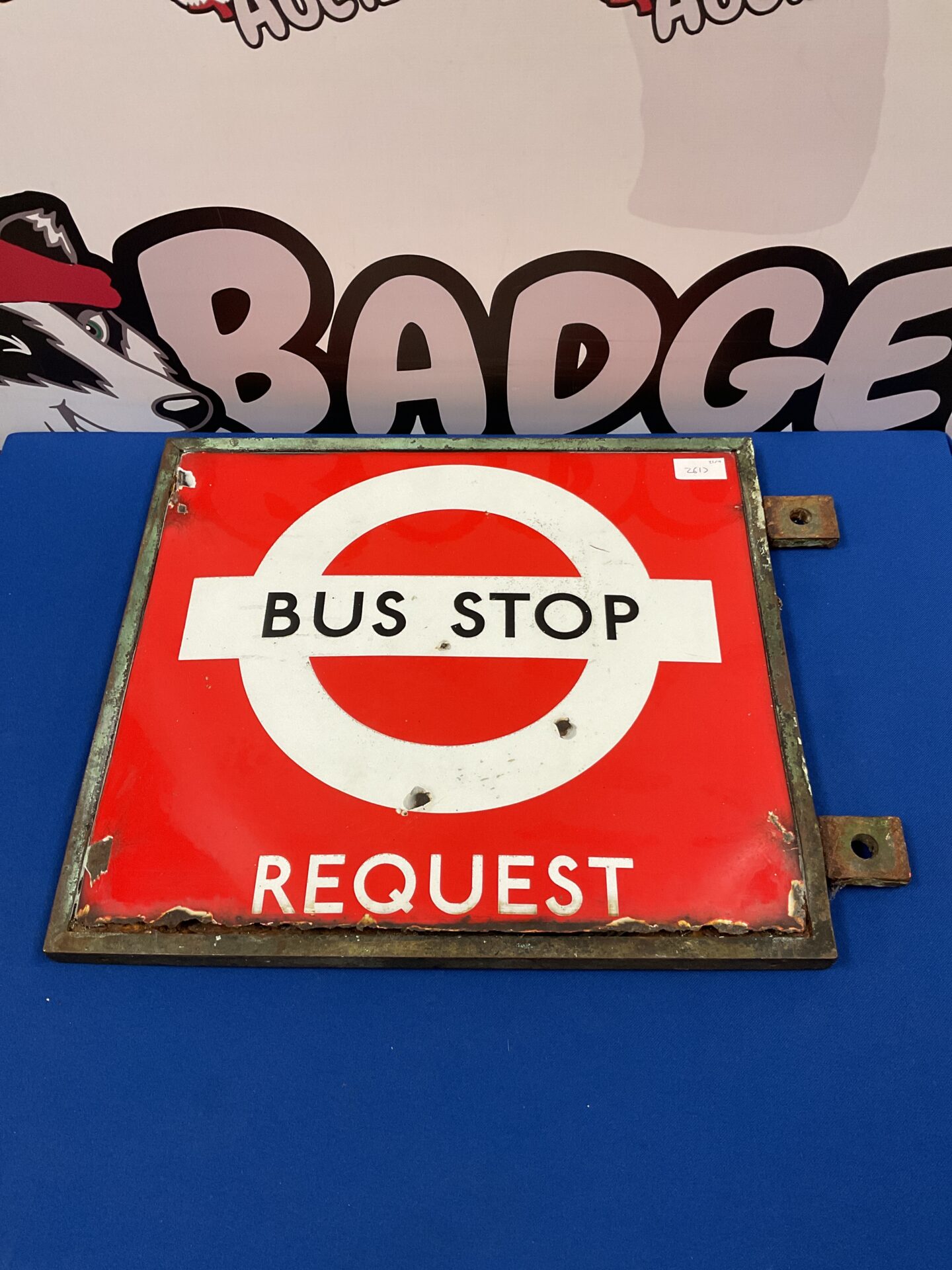 013 Vintage double sided enamel bus stop sign in bronze frame