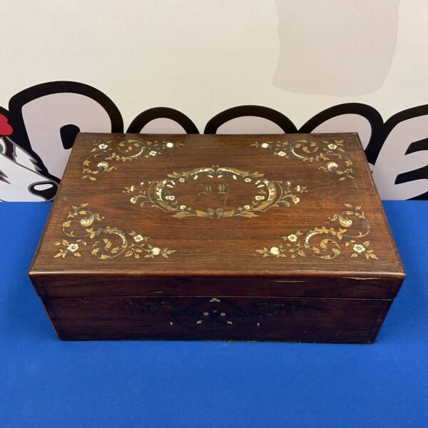 Antique Victorian writing slope with brass and bone inlay detail.