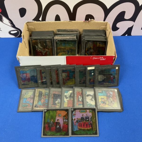Collection of antique Victorian magic lantern slides for projection.