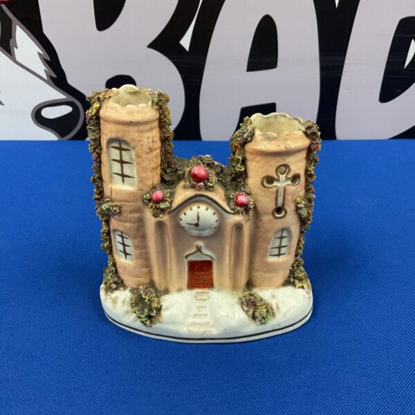 Antique Victorian Staffordshire church spill vase, a collectible pottery figurine.