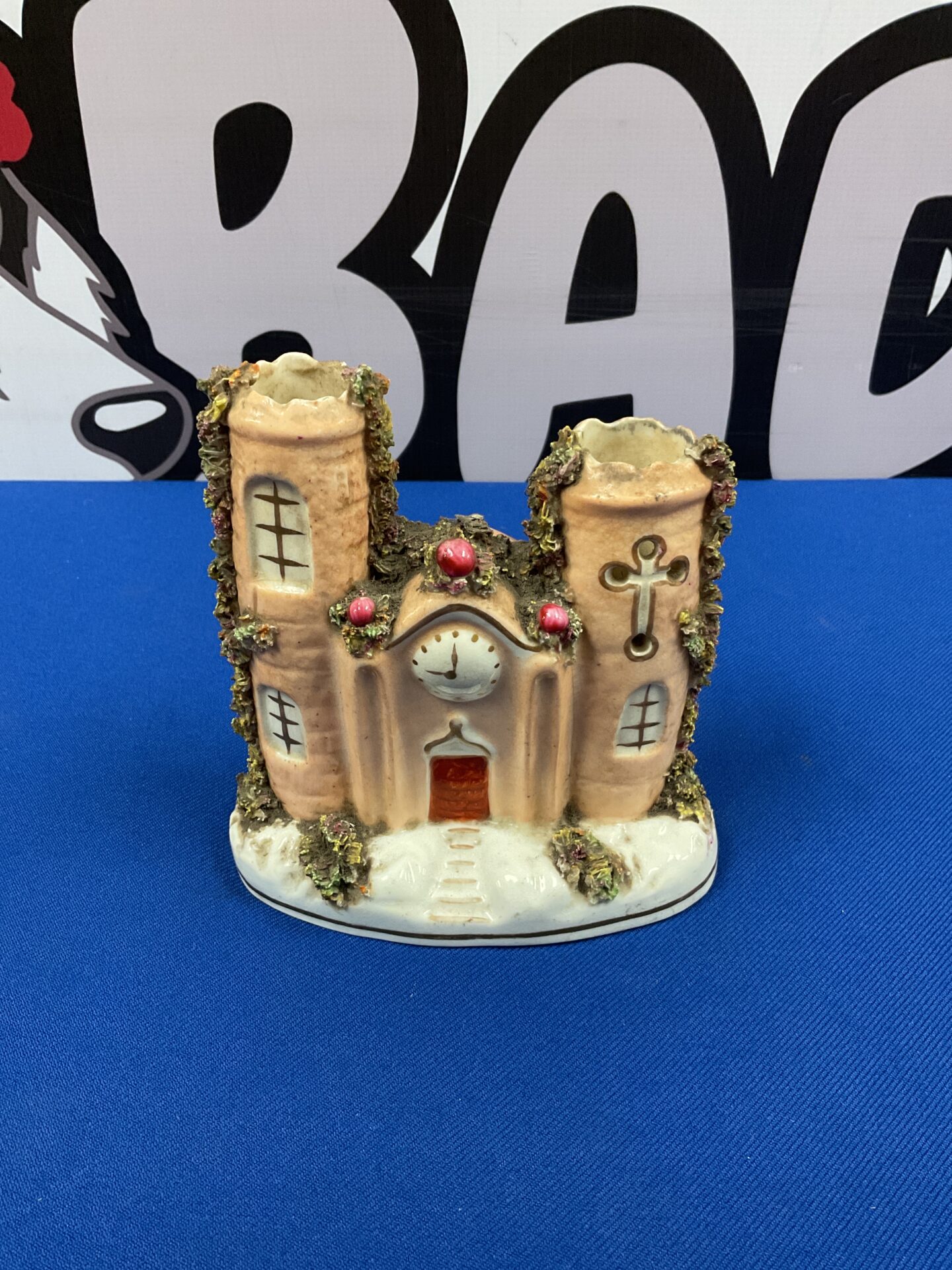 032 Victorian Staffordshire pottery spill vase church