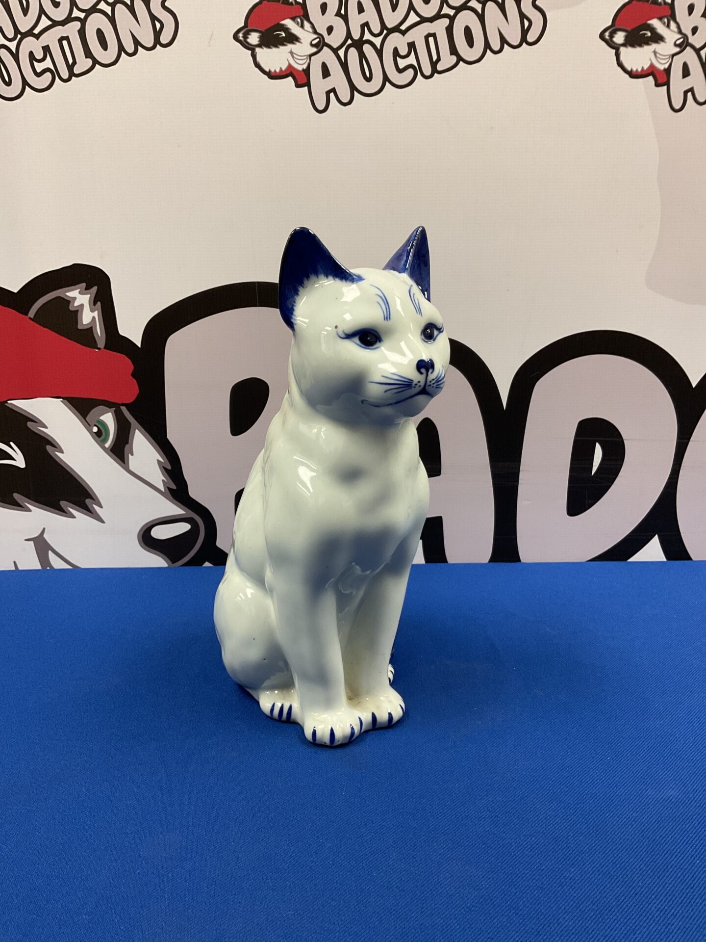 036 Blue and white porcelain sitting cat 10” tall