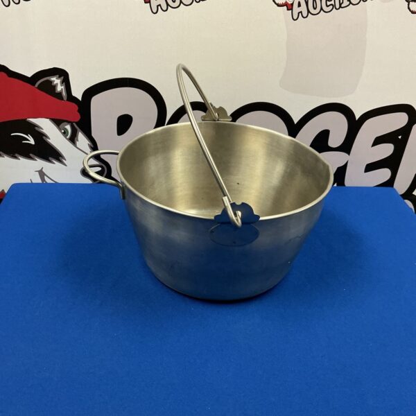 Large stainless steel jam pot with handle, ideal for preserving.