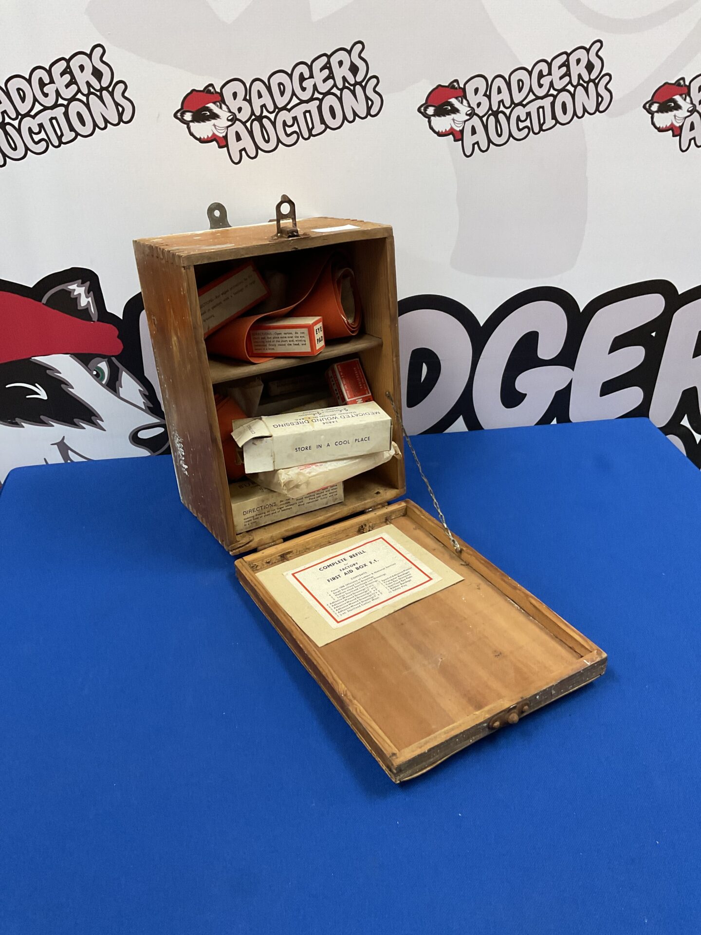 065 Intage wooden factory first aid box with contents
