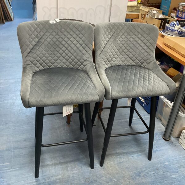 Set of two grey velvet bar stools for kitchen or home bar.
