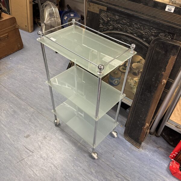 Vintage frosted glass trolley cabinet with chrome frame.
