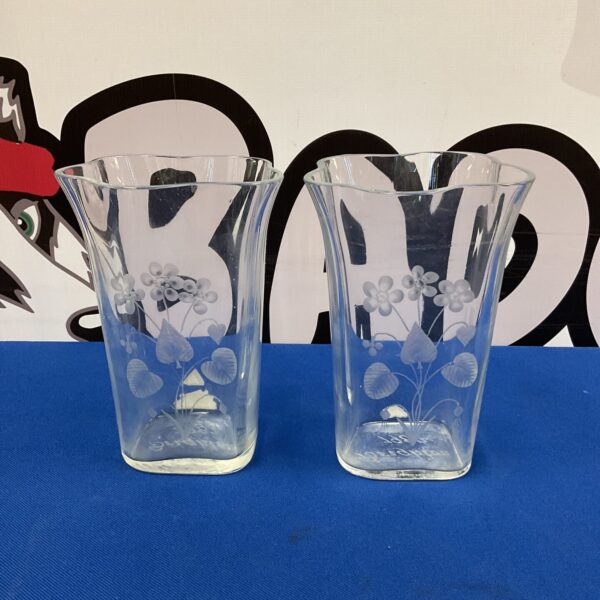 Pair of vintage Kvalute vases with leek crystal floral design.