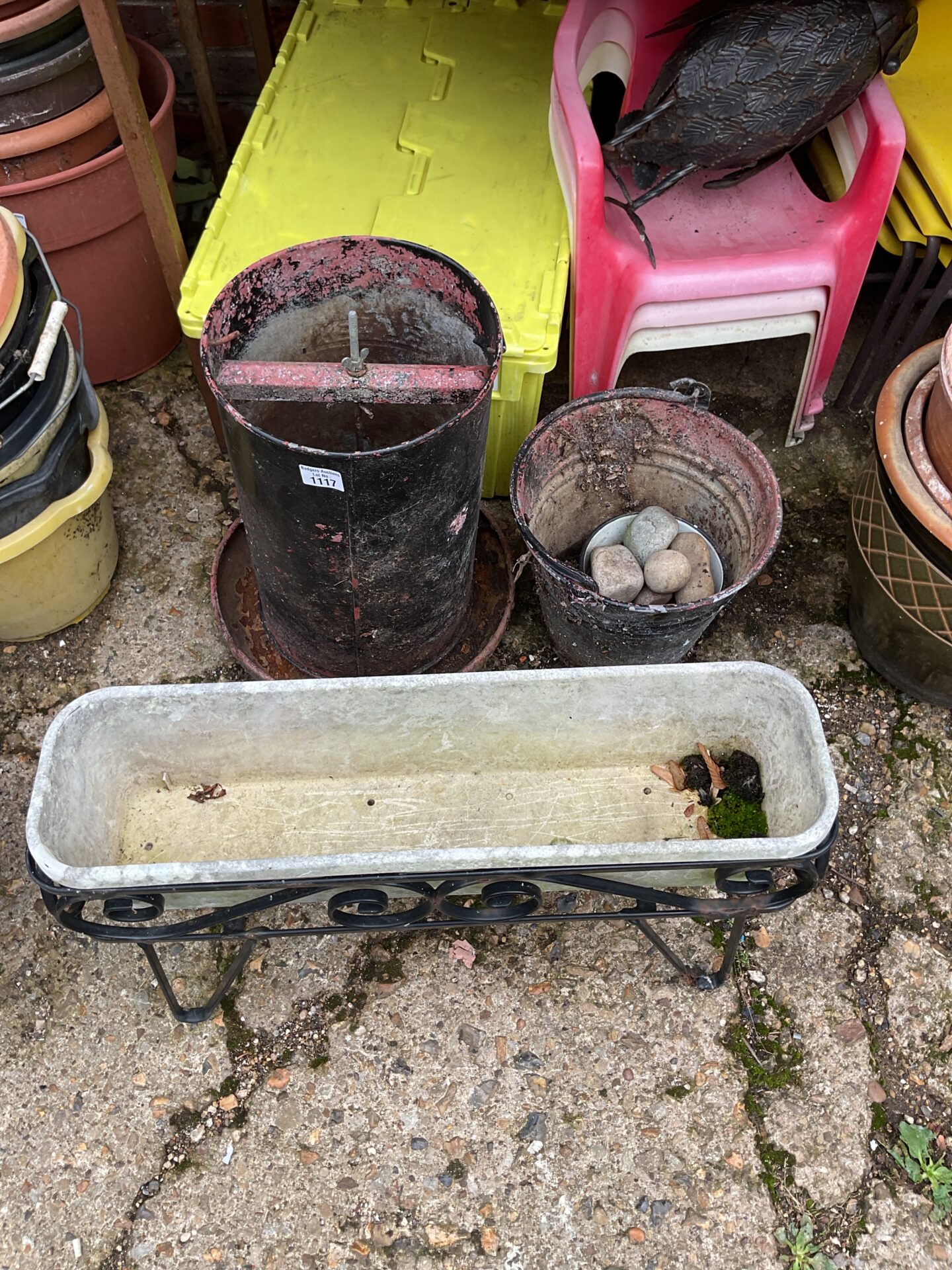 1154 A vintage chicken feeder with galvanised bucket and trough planeter