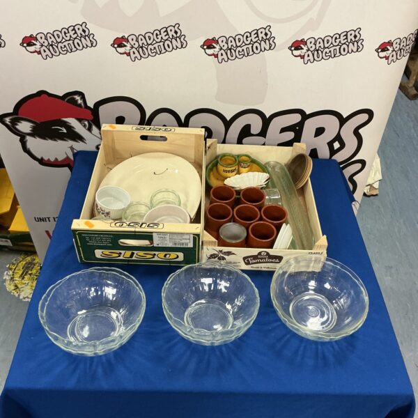 Mixed crockery lot with vintage olive tray displayed.