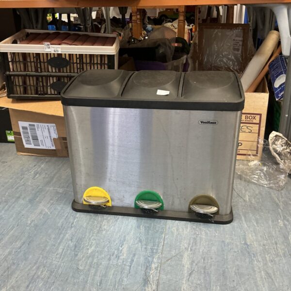 Stainless steel VonHaus recycling bin with pedal mechanism.