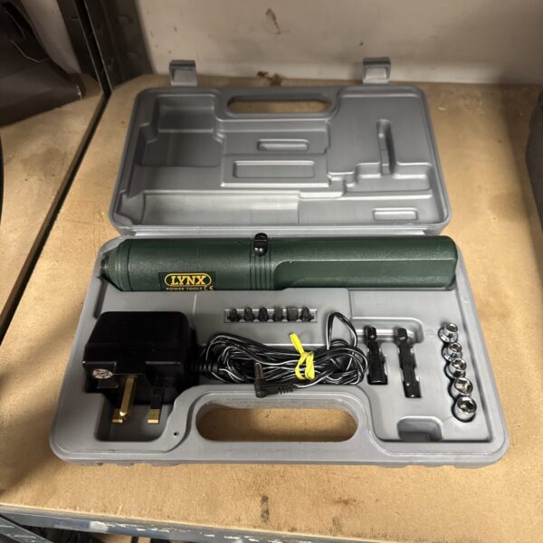 Lynx cordless electric screwdriver set in open case.