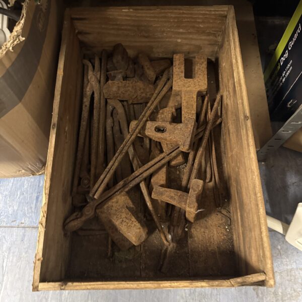 Vintage lot of blacksmith tools for forge and anvil work.