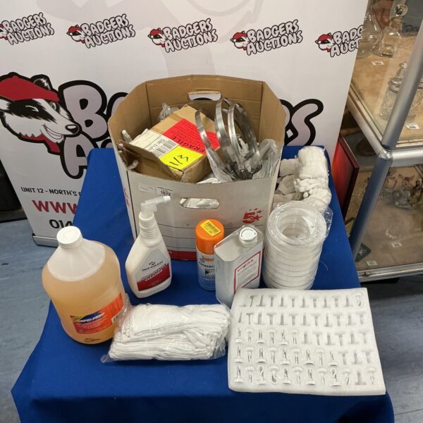 Assorted cleaning supplies and hardware in a mixed lot.