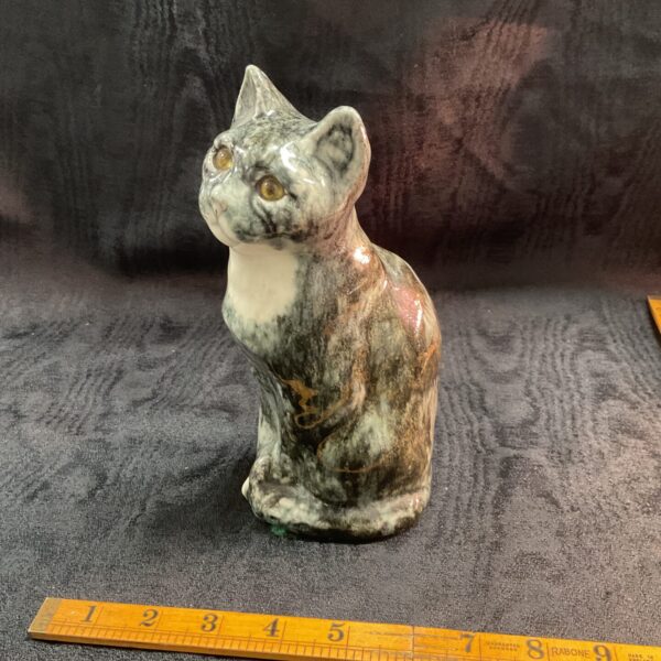 Vintage Winstanley pottery cat figurine with grey tabby glaze.