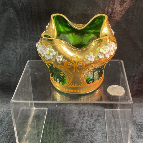 Antique Bohemian Art Nouveau green glass bowl with floral details.