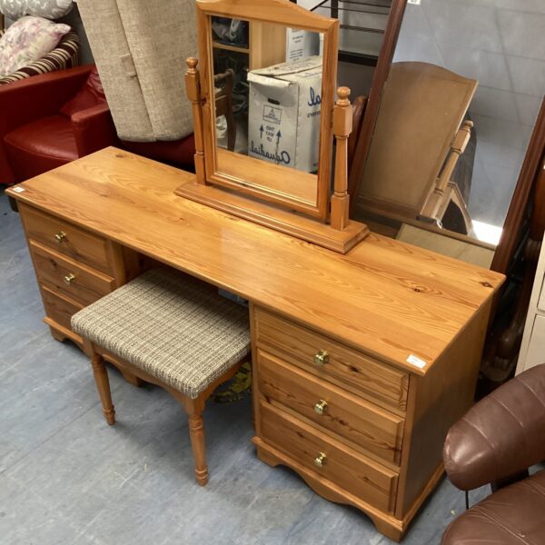 Vintage pine dressing table set with mirror and stool.