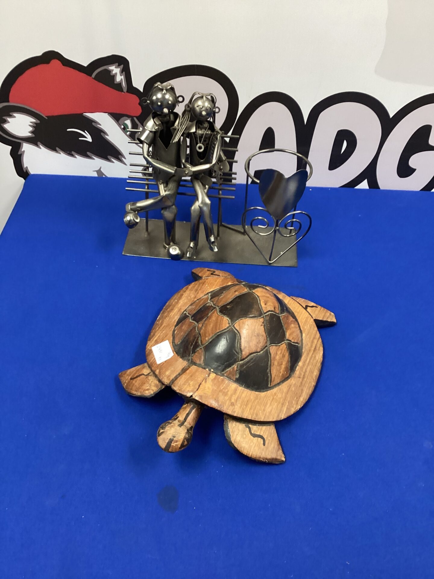 307 Metalwork Table art Bottle holder and wooden Turtle