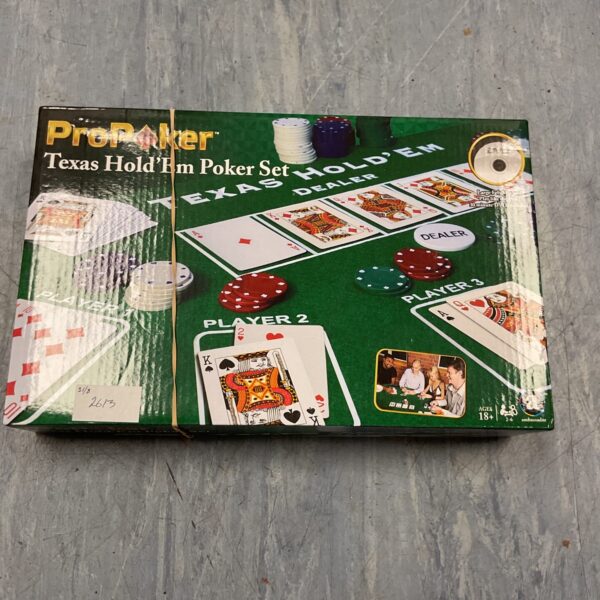 Vintage Propoker Texas Holdem set with chips and cards.