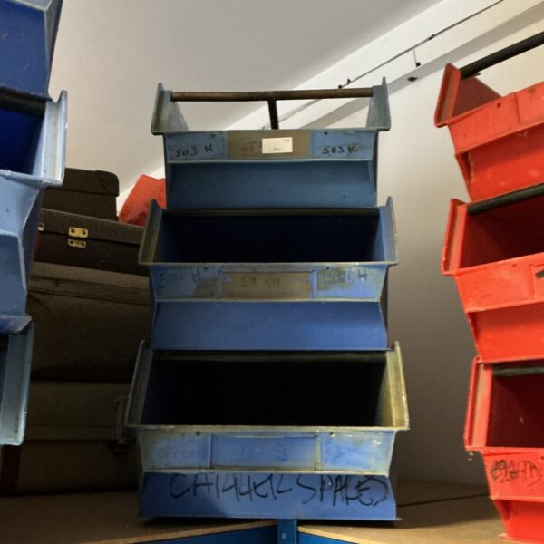 Lot of three metal workshop storage trays for tools.