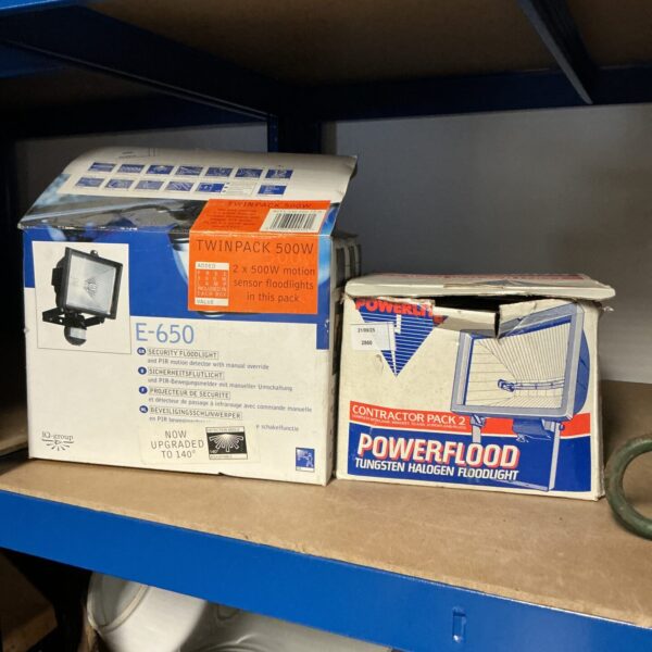 Original packaging for twinpack of E650 outdoor motion sensor floodlights.