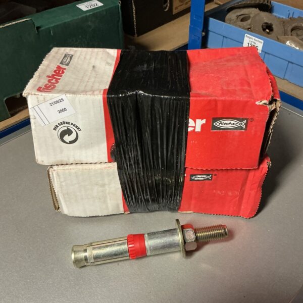Two boxes of Fischer anchor bolts for construction and DIY projects.