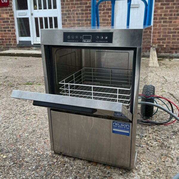 Stainless steel Nelson commercial dishwasher in a kitchen setting.