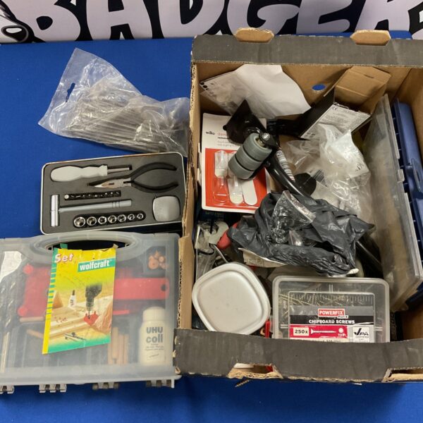 Mixed lot of tools including a Wolf drill set and socket set.