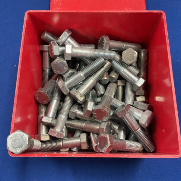 Large metric 8.8 bolts in a red container, ideal for construction projects.