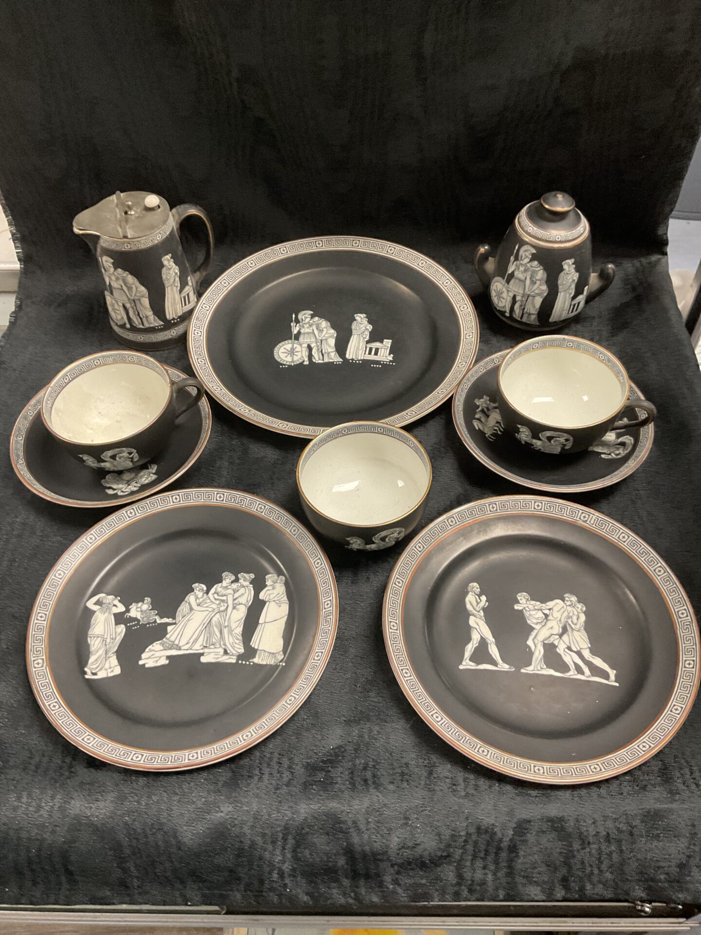 287 Victorian Pratt Fenton old Greek pattern teaset decorated with figures in classical attire on black background with scroll border
