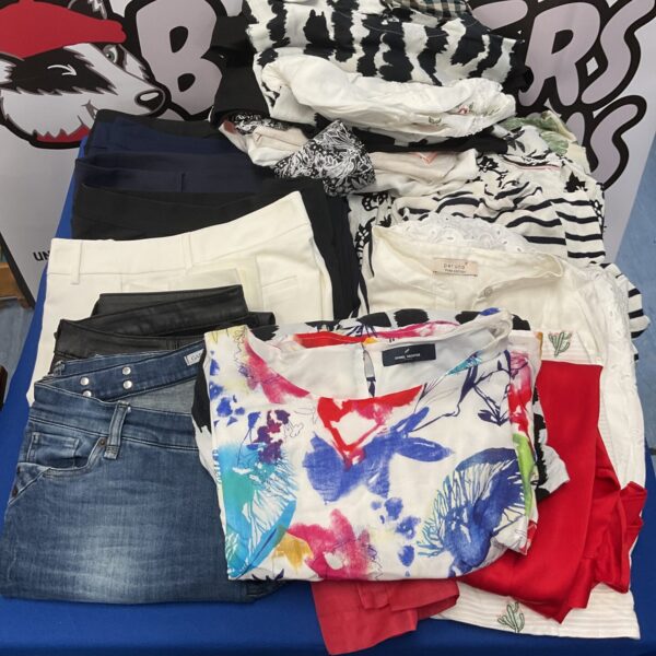 Mixed clothing lot with trousers, tops, and dresses.