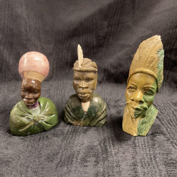 Three African/South African Carved Verdite Busts/Heads,One Signed J Mabel’s, Another Signed Dario’s Chikumbirke Largest 6.5” High