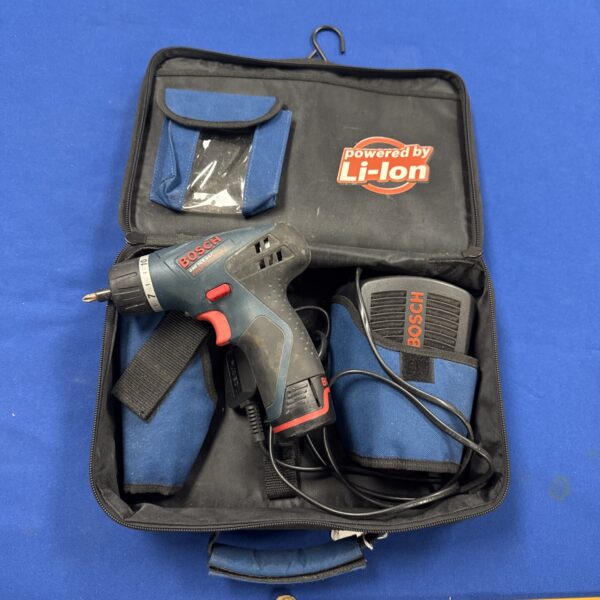 Bosch GSR 10.8 V-LI cordless screwdriver set in carrying case.