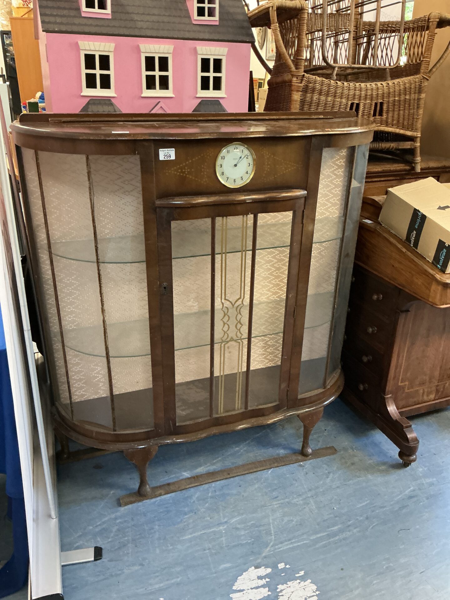 259 Mid Century Glass fronted Display Cabinet with in built clock