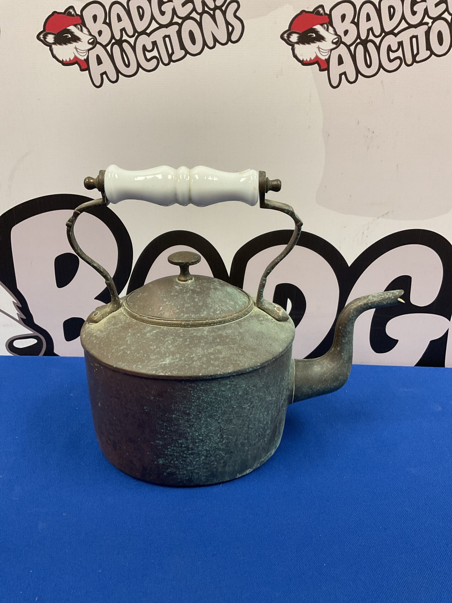 019 Antique copper kettle with ceramic handle, signed on base