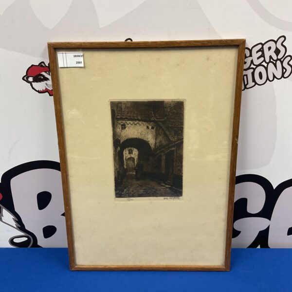 Vintage Alfred van Neste etching of woman in alleyway.