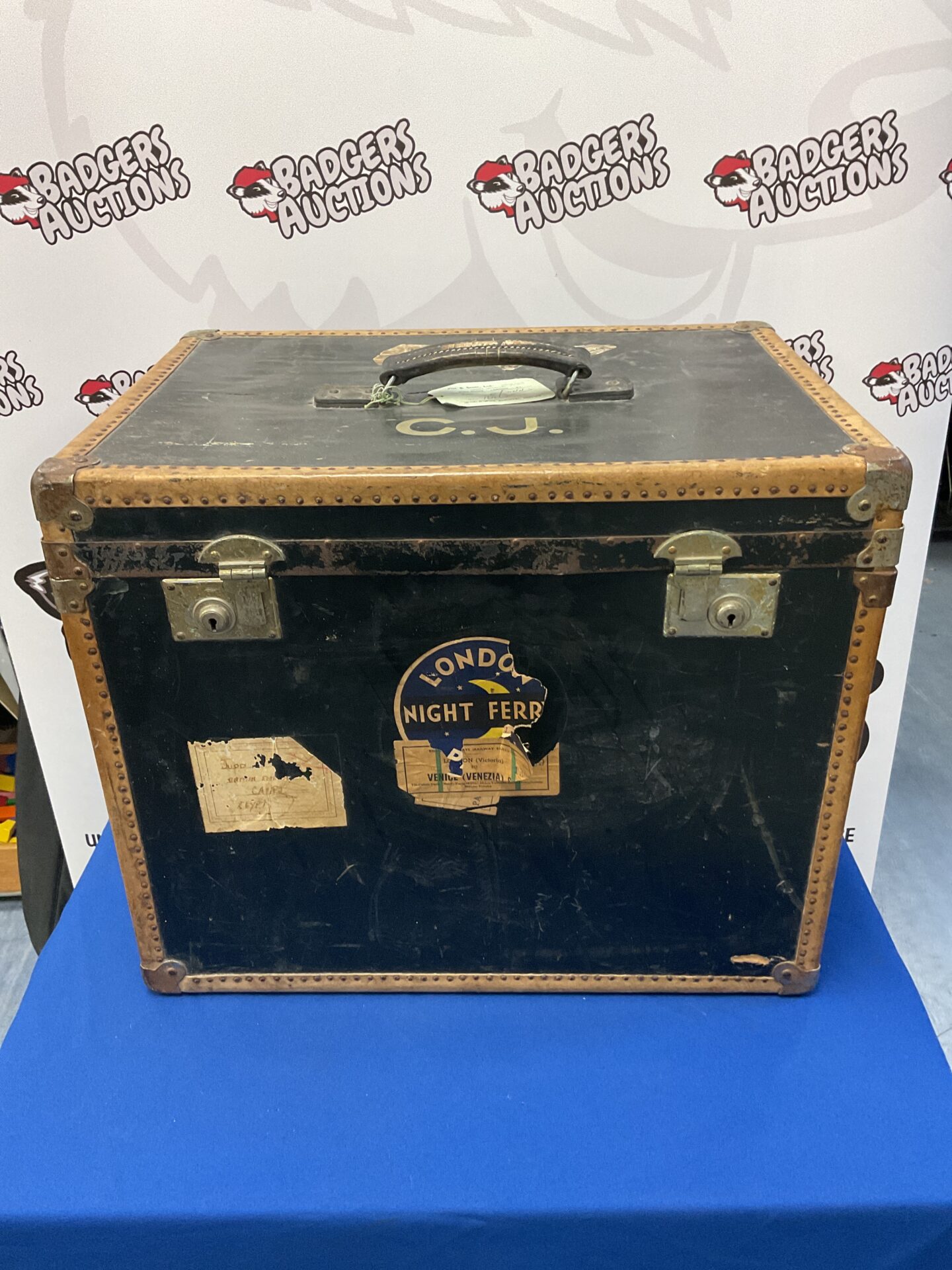 084 1930s steamer trunk with london night ferry & pacific line stickers