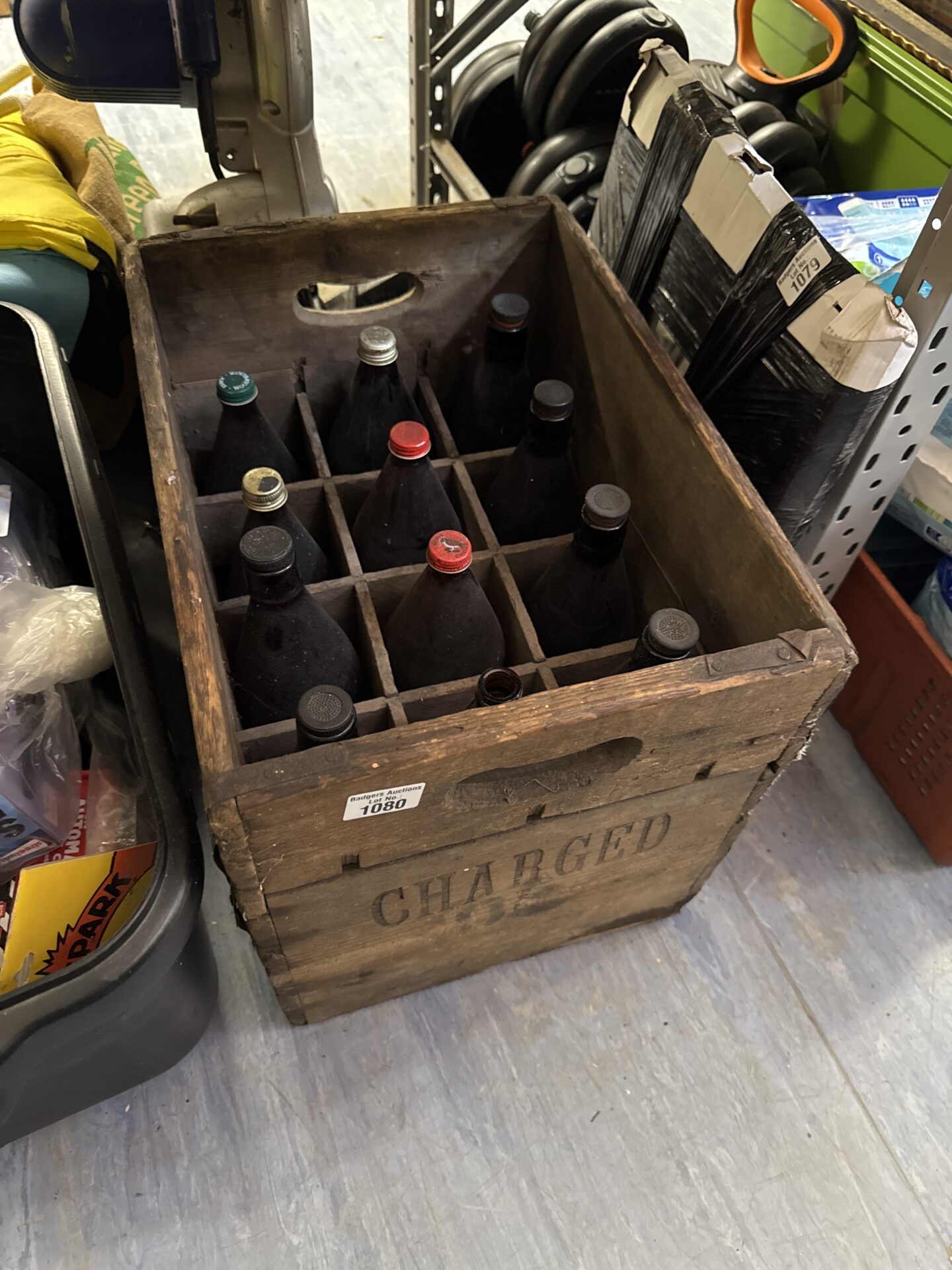1080 Vintage Harrods wooden bottle crate with empty bottles contents