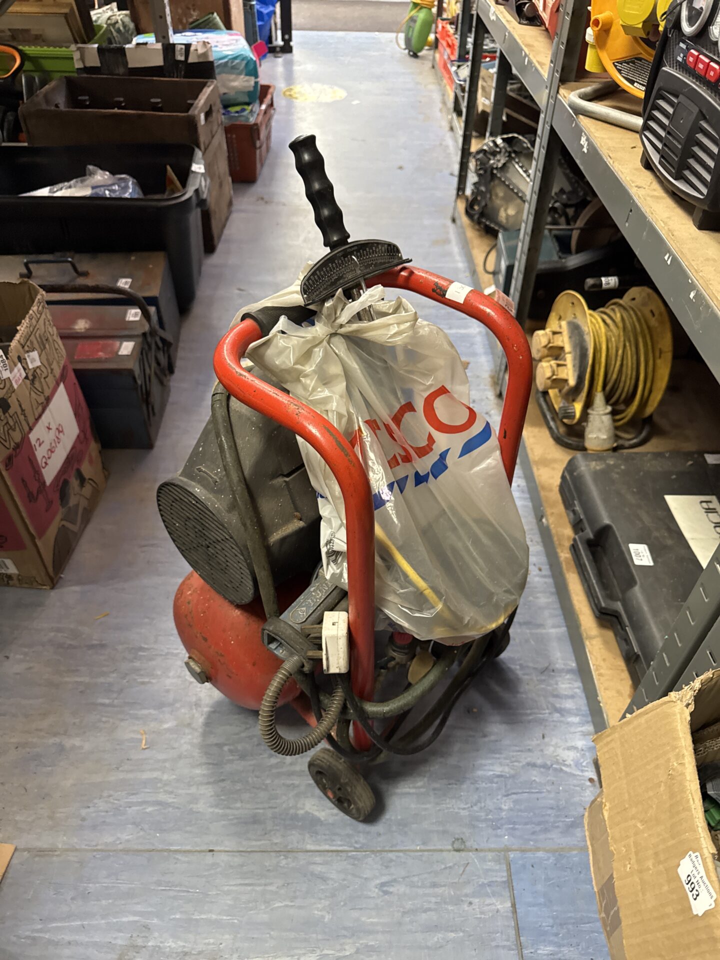 1085 Small handiair compair h4/10 compressor with bag of accessories, vintage torque wrench & tyre inflator