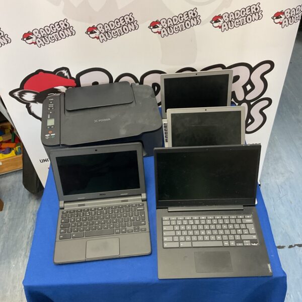 Electronics lot featuring a Canon printer and multiple laptops for repair or parts.